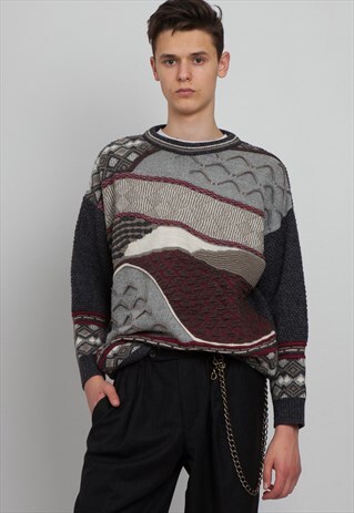 VINTAGE GREY RED SAN MARCO ROUND NECK KNIT JUMPER