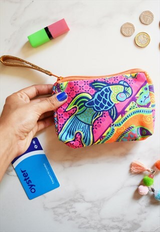 NEON ORANGE PINK DOUBLE SIDED PRINTED COIN PURSE WALLET