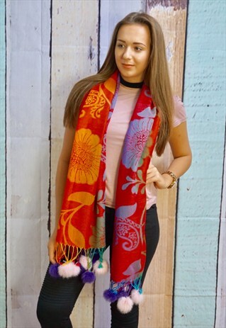 VIBRANT FLORAL PASHMINA SCARF SHAWL WITH FAUX FUR POMPOMS