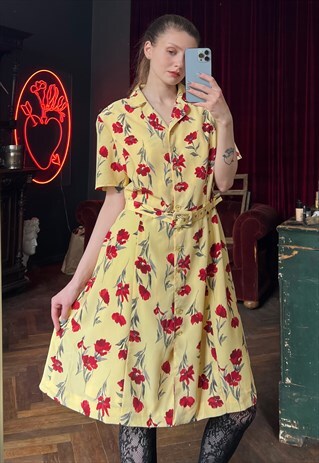 BELTED YELLOW FLORAL DRESS, SHORT SLEEVE BUTTON UP TEA DRESS