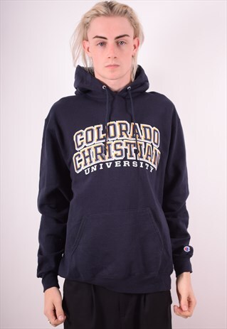 CHAMPION MENS VINTAGE HOODIE JUMPER LARGE NAVY BLUE 90S