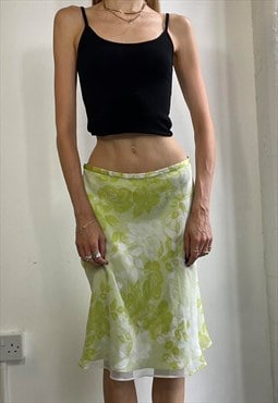Vintage Y2k Mesh Midi Skirt Floral Low Rise Green Boho