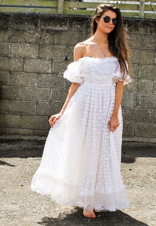 VINTAGE 70S WHITE LACE BARDOT DRESS