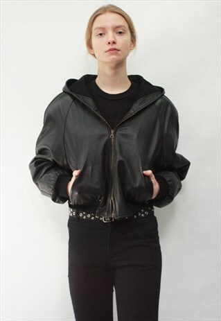 VINTAGE 90' AMAZING COOL SHORT LEATHER JACKET WITH HOOD