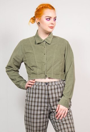 VINTAGE 90'S PALE GREEN CORD CROPPED LONG SLEEVE SHIRT