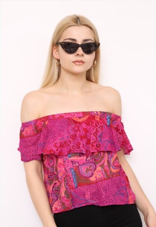 VINTAGE REWORKED PINK PAISLEY PRINT CROP TOP