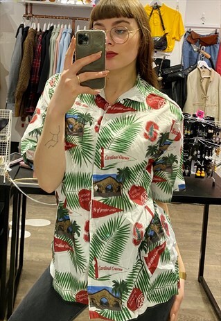 VINTAGE 90S SHIRT IN WHITE WITH GREEN RED LEAVES PRINT