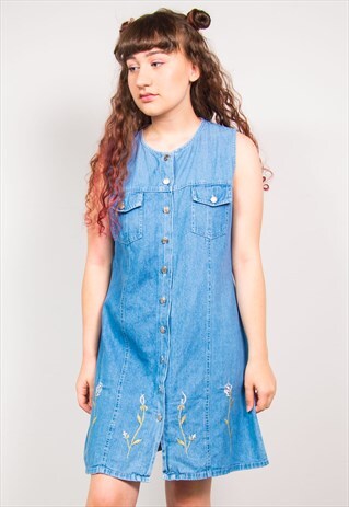 VINTAGE 90'S DENIM SLEEVELESS FLORAL EMBROIDERED MINI DRESS