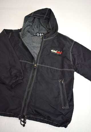 VINTAGE 90S TOMMY HILFIGER BLACK TOP STITCH HOOD JACKET