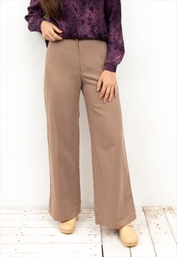 New Wool W30 L30 Pants Wide Leg Trousers High Waisted Brown 