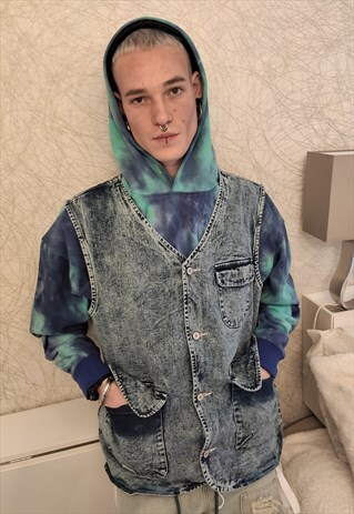 LOOSE FIT CARGO POCKET WASHED DENIM GILET VEST ACID JACKET
