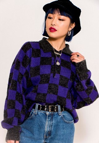 VINTAGE 80'S PURPLE CHECKERBOARD KNIT JUMPER