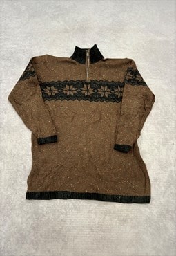 Vintage Knitted Jumper Abstract Patterned 1/4 Zip Sweater