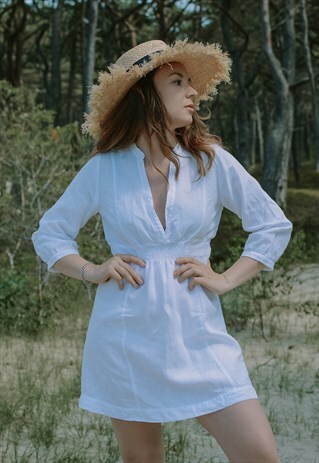 WHITE LINEN DRESS TUNIC VINTAGE SUMMER FLAX SHIRTDRESS L