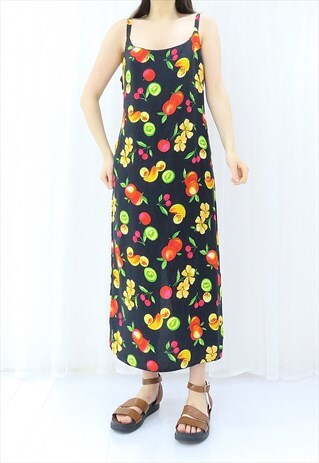 80s Multicoloured Fruit Maxi Dress (Size L)