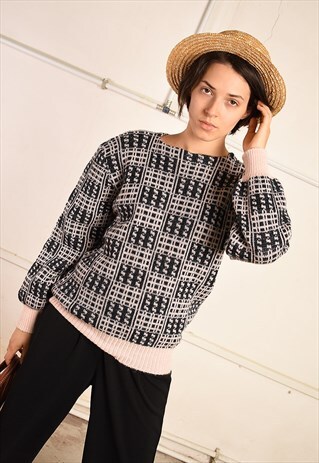 80'S RETRO CHECKED FESTIVAL GARM KNIT PARIS CHIC JUMPER