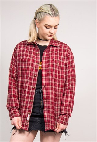 VINTAGE 90'S RED CHECK GRUNGE BOYFRIEND FLANNEL SHIRT
