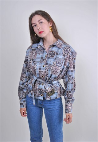 ABSTACT PRINT 70S BLUE RAVE BELT BLAZER, SIZE M