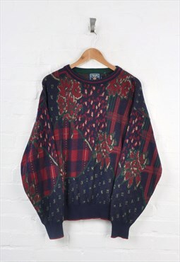 Vintage Chaps Ralph Lauren Knitted Jumper Red/Navy Large