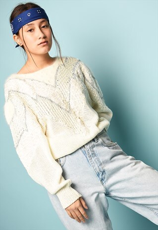 VINTAGE 80'S RETRO SEQUINNED NEUTRAL BEADED KNIT JUMPER