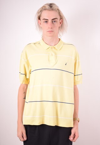NAUTICA MENS VINTAGE POLO SHIRT MEDIUM YELLOW STRIPES 90S