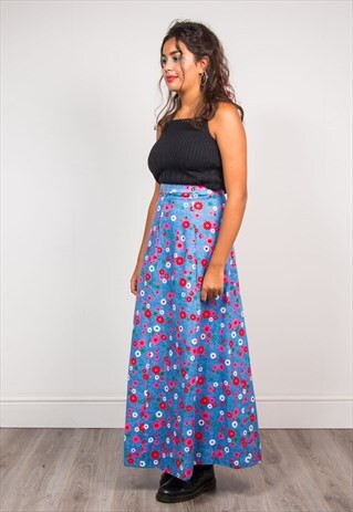 VTG 70'S BLUE BRIGHT FLOWER PATTERN HIPPIE BOHO MAXI SKIRT