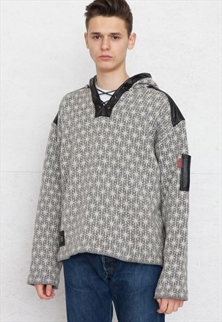 VINTAGE GREY KNIT HOODIE SWEATSHIRT