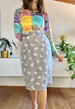 1970's vintage grey midi skirt with white indian print