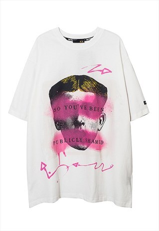 GRAFFITI TEE SHAMING SLOGAN CARTOON T-SHIRT WHITE NEON PINK