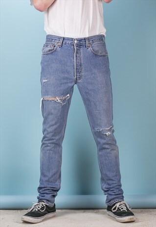 VINTAGE RIPPED 501 LEVI JEANS 90S MID WASH BLUE