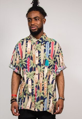 90'S VINTAGE SURF BOARD PATTERNED HAWAIIAN SHORT SLEEVE SHIR