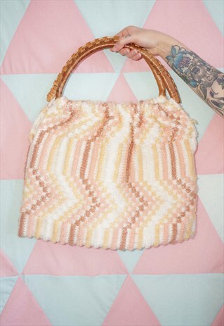 VINTAGE 60S KNITTED WICKER HANDLE HANDBAG / KNITTING BAG