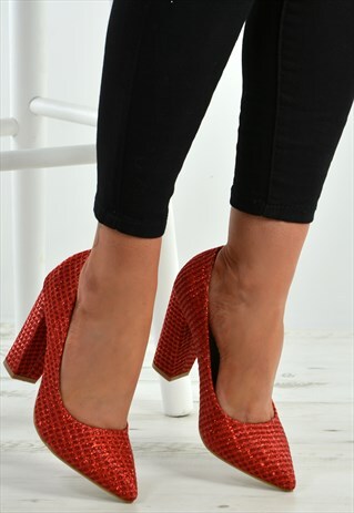 RED GLITTER SPARKLE SLIP ON BLOCK HEELS COURT PUMPS