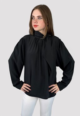 80's Vintage Pussy Bow Batwing Ladies Black Blouse