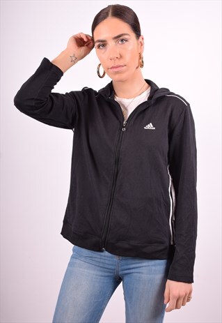 ADIDAS WOMENS VINTAGE HOODIE JACKET MEDIUM BLACK 90'S
