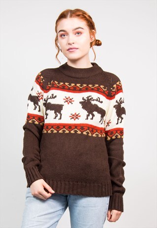 VINTAGE BROWN 70'S REINDEER KNIT JUMPER