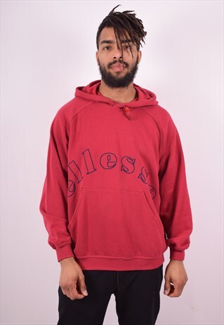 ELLESSE MENS VINTAGE HOODIE JUMPER LARGE RED 90'S