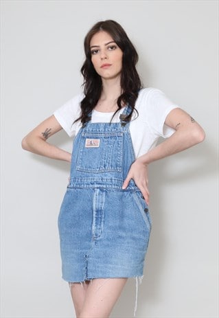 70's Vintage Ladies Light Blue Denim Dungaree Mini Dress