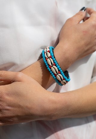 COWRIE SHELL TURQUOISE BEADS BRACELET BANGLE ADJUSTABLE SIZE
