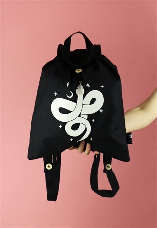 COILED SNAKE MOON PRINT COTTON BACKPACK - WHITE ON BLACK