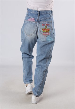 VINTAGE HIGH WAISTED DENIM JEANS WIDE TAPERED UK 10 (JA5A)