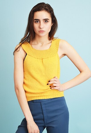 80'S RETRO BOHO YELLOW KNITTED TOP BLOUSE