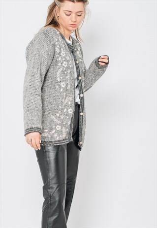 VINTAGE 80S CHIC KNITTED CARDIGAN WITH FLORAL EMBROIDERY