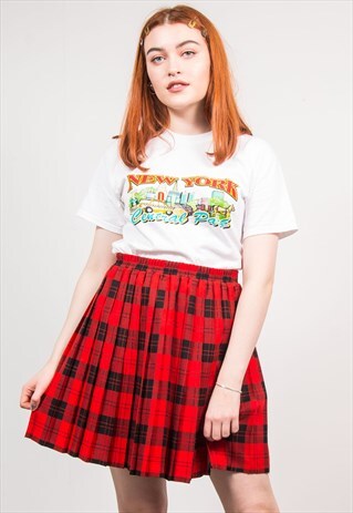 VINTAGE 90'S RED TARTAN CHECK PLEATED HIGH WAIST MINI SKIRT