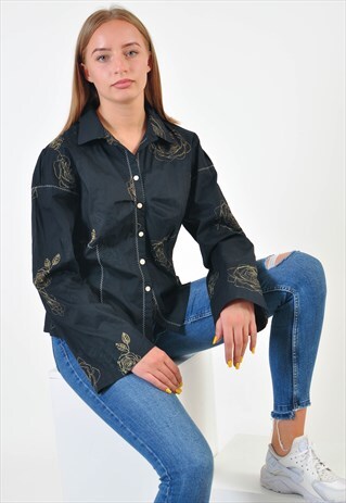 VINTAGE EMBROIDERED FLOWER SHIRT IN BLACK