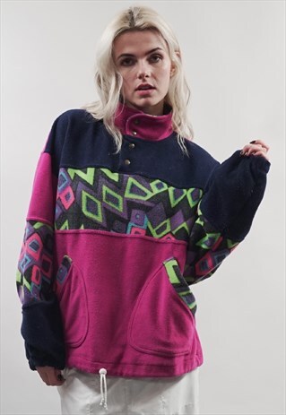 VINTAGE 80'S MULTCOLOURED PATTERN POPPER FLEECE