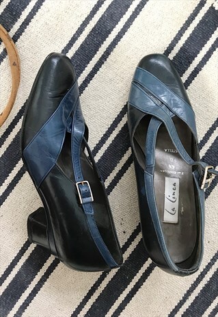VINTAGE 70S LEATHER HEELS SHOES PUMPS MINIMALIST MOD