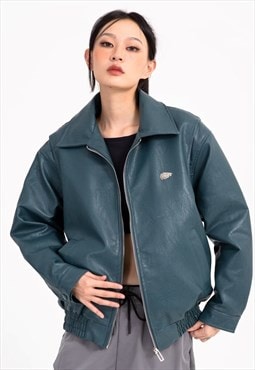 Faux leather aviator jacket grunge varsity retro coat blue