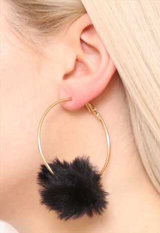 BLACK POM POM GOLD HOOP EARRINGS