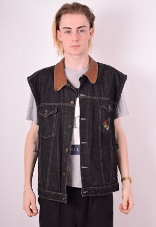 MENS VINTAGE DENIM GILET LARGE BLACK 90S